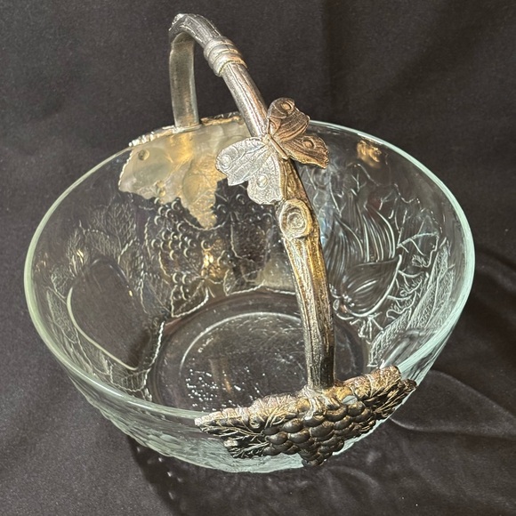 Brescia Peltro Crystal Bowl Candy Dish Pewter Handle Grapes Butterfly Italy 8" - Picture 1 of 7